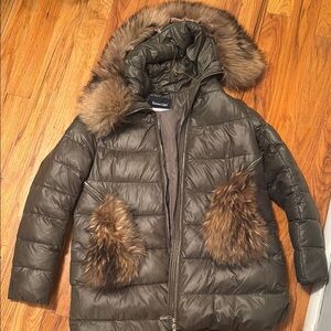 Olive Green Puffer Jacket with fox  Fur Trim